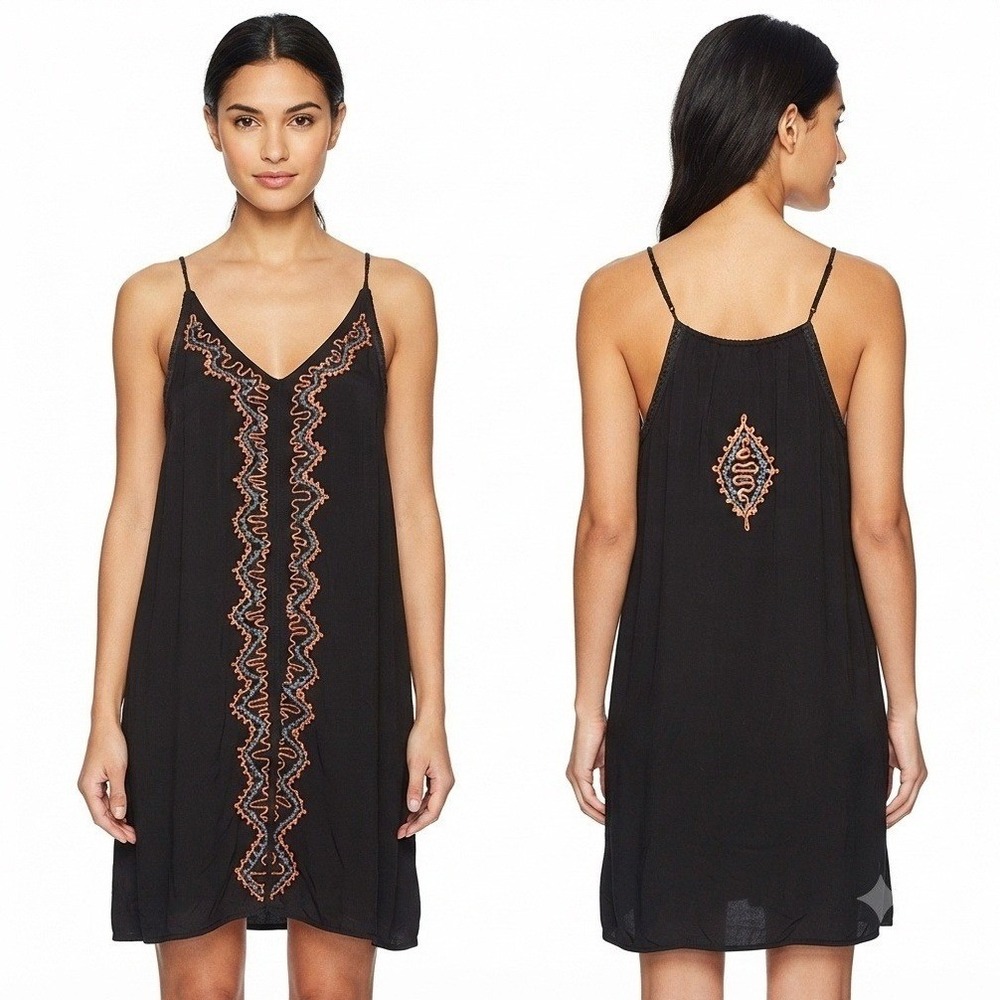 Exist Dress Womens Small Black Embroidered Boho Mini Rayon‎ V-Neck LSD7389